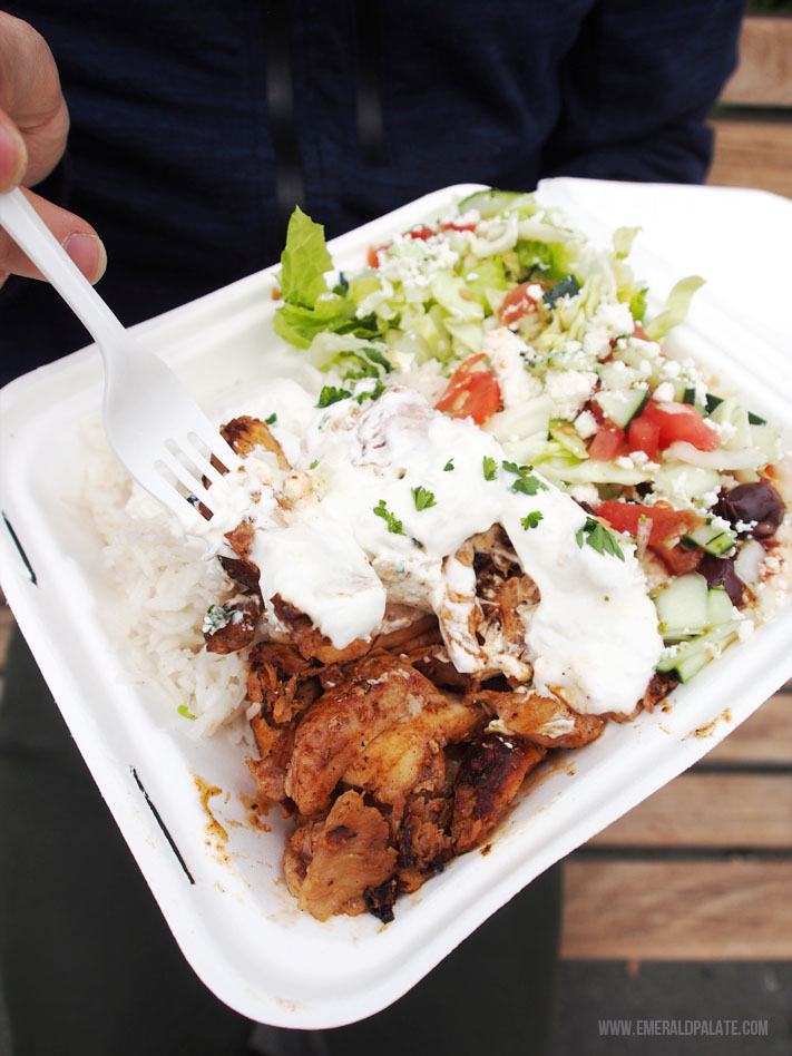 Chicken shawarma plate in a takeout container