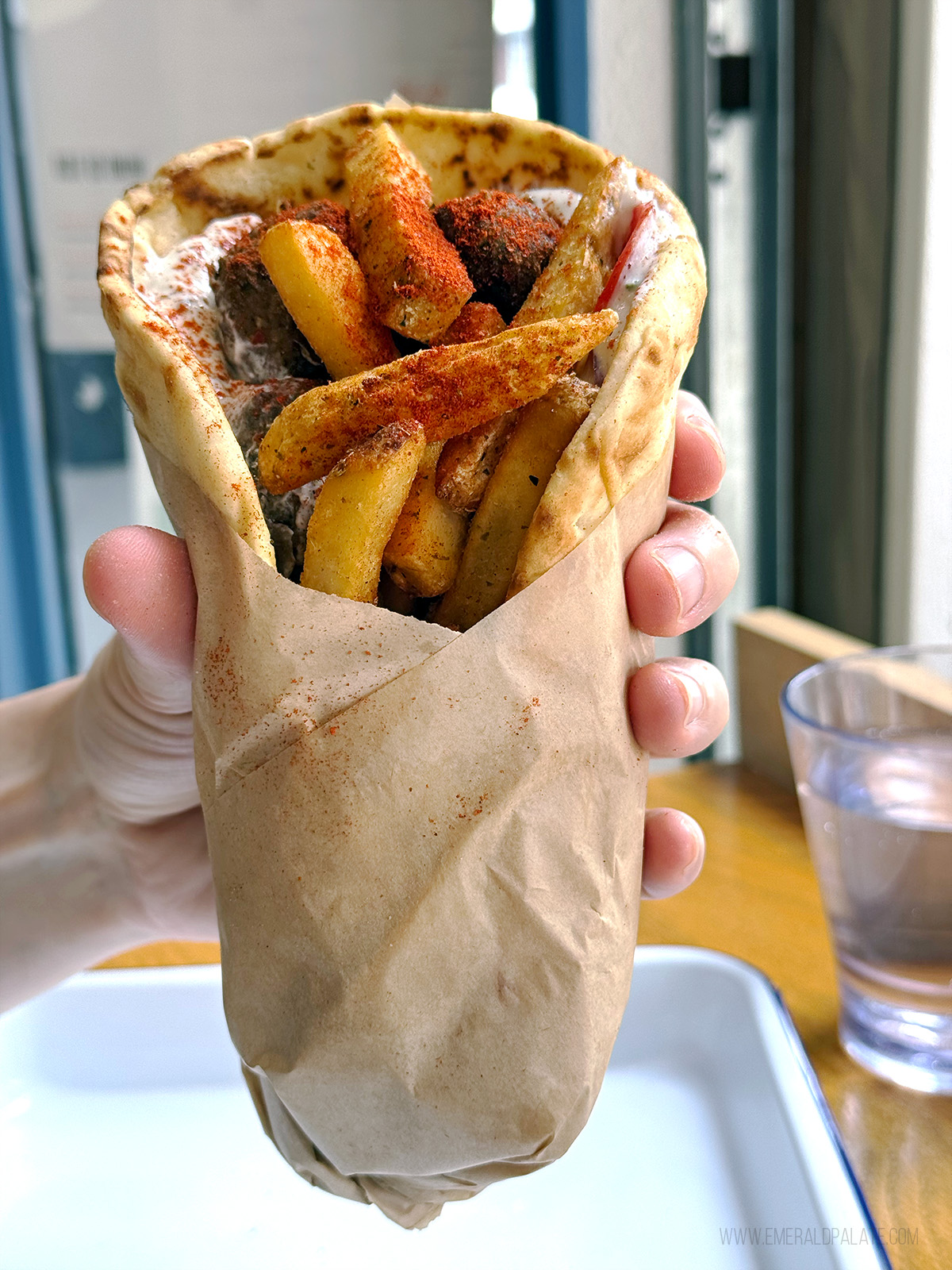 Person holding a gyro with French fries