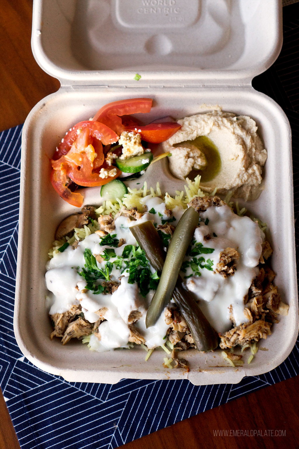 takeout container of Middle Eastern food in Seattle