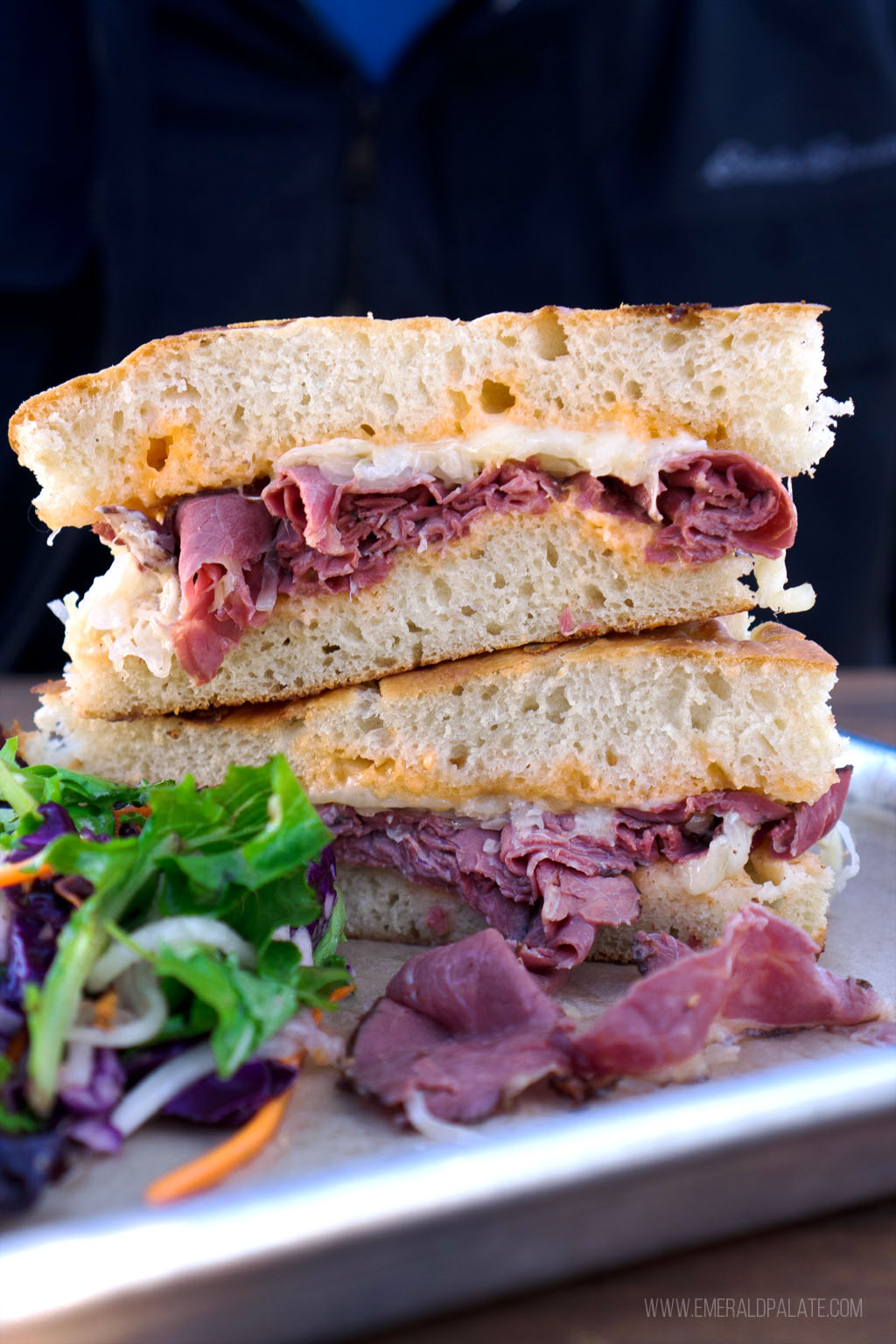 stack of pastrami sandwich from Brown Bear Baking, a must visit on a day trip to Orcas Island from Seattle
