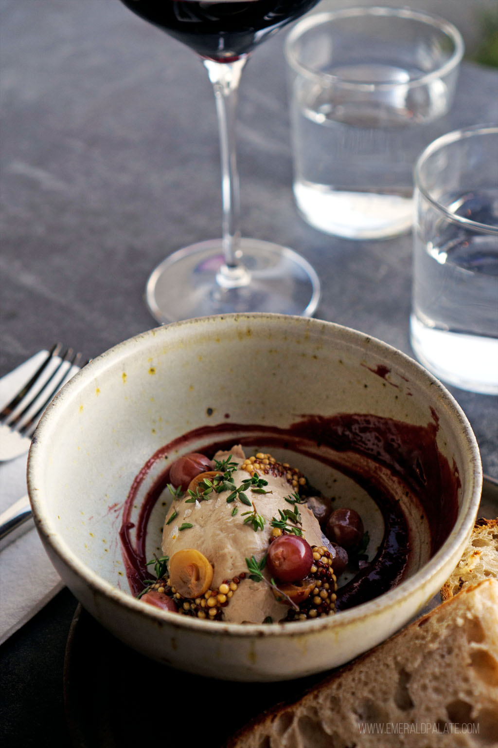 chicken liver mousse with grapes at a fine dining restaurant on Orcas Island, WA