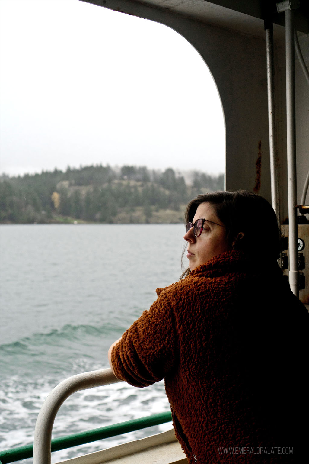 woman on the ferry going on a day trip to Orcas Island from Seattle