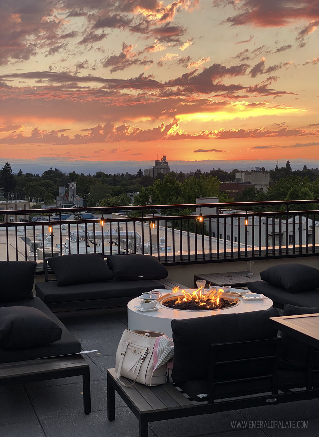 sunset from Carlitas Rooftop Bar on top of The Gordon Hotel in Eugene, OR