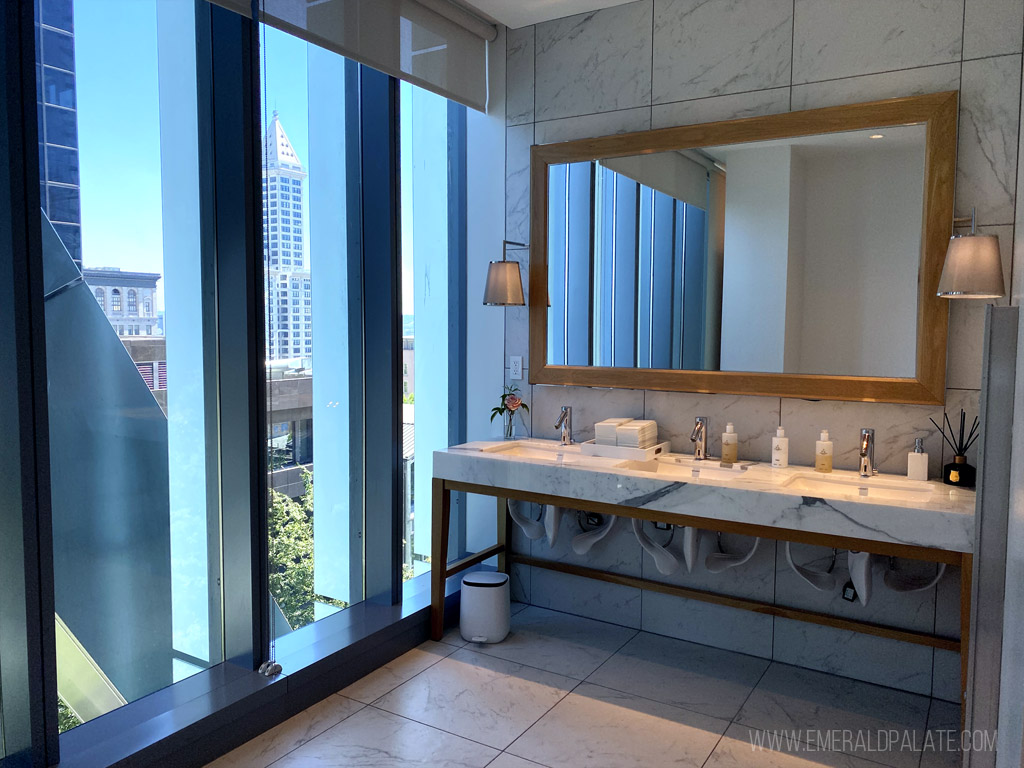 bathroom with a view of the Seattle skyline at one of the best Seattle spas
