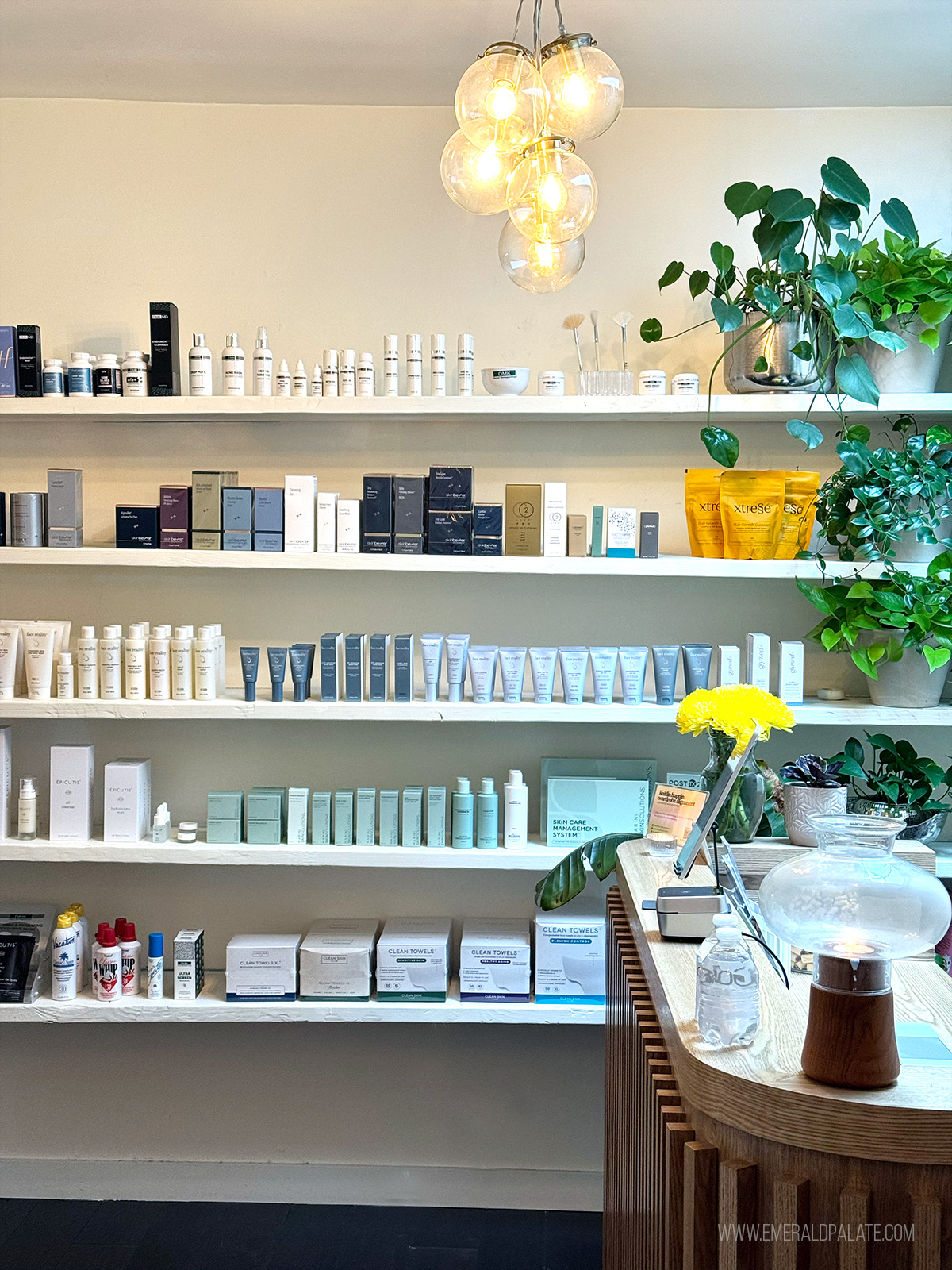 skincare wall at one of Seattle's best spas