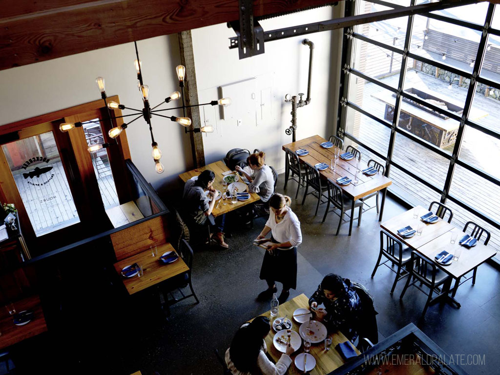 overhead loft view looking down on an an adorable restaurant in Seattle