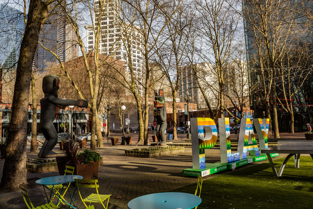 Occidental Park, one of the best places to take pictures in Seattle