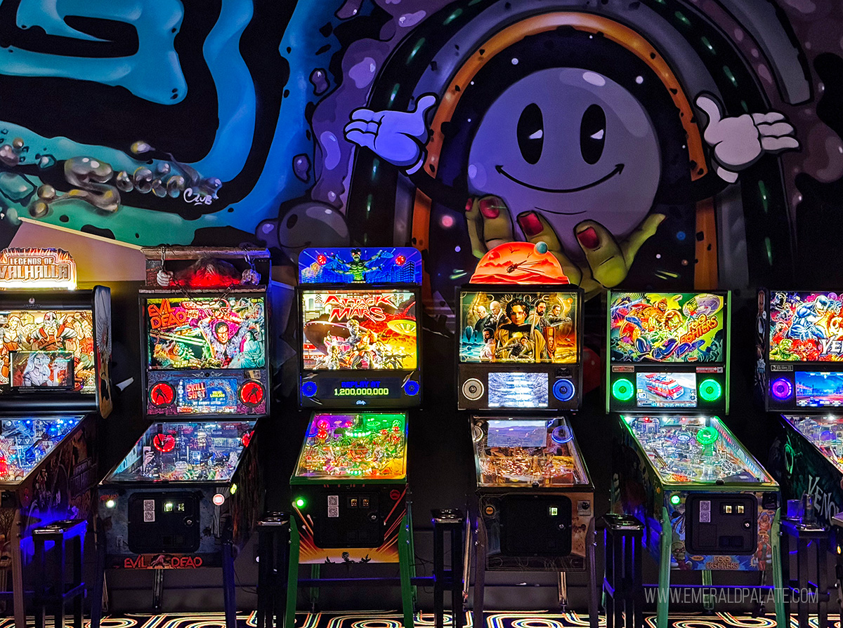line of pinball machines at a bar in Vancouver, one of the best things to do in Vancouver WA