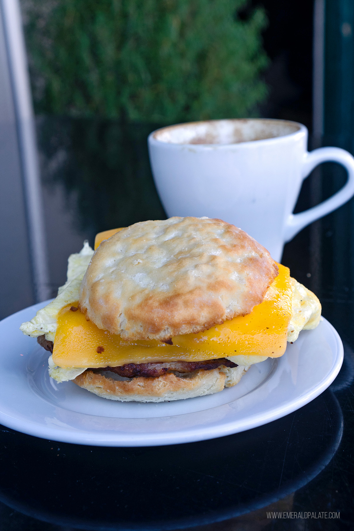 egg, sausage, and cheese sandwich from a coffee shop in Vancovuer