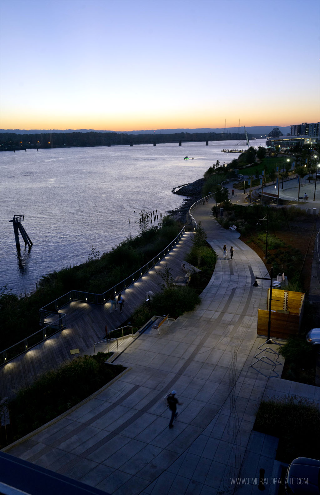 Vancouver, WA waterfront trail from above at sunset