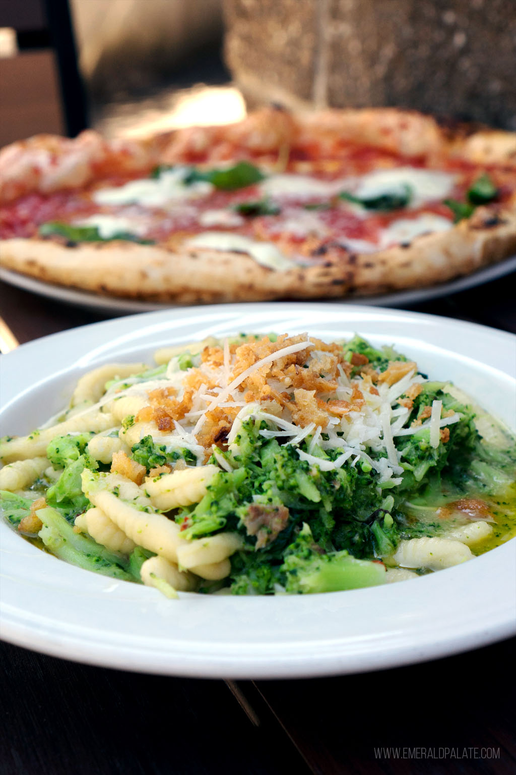 cavatelli and broccoli pasta with pizza in the background