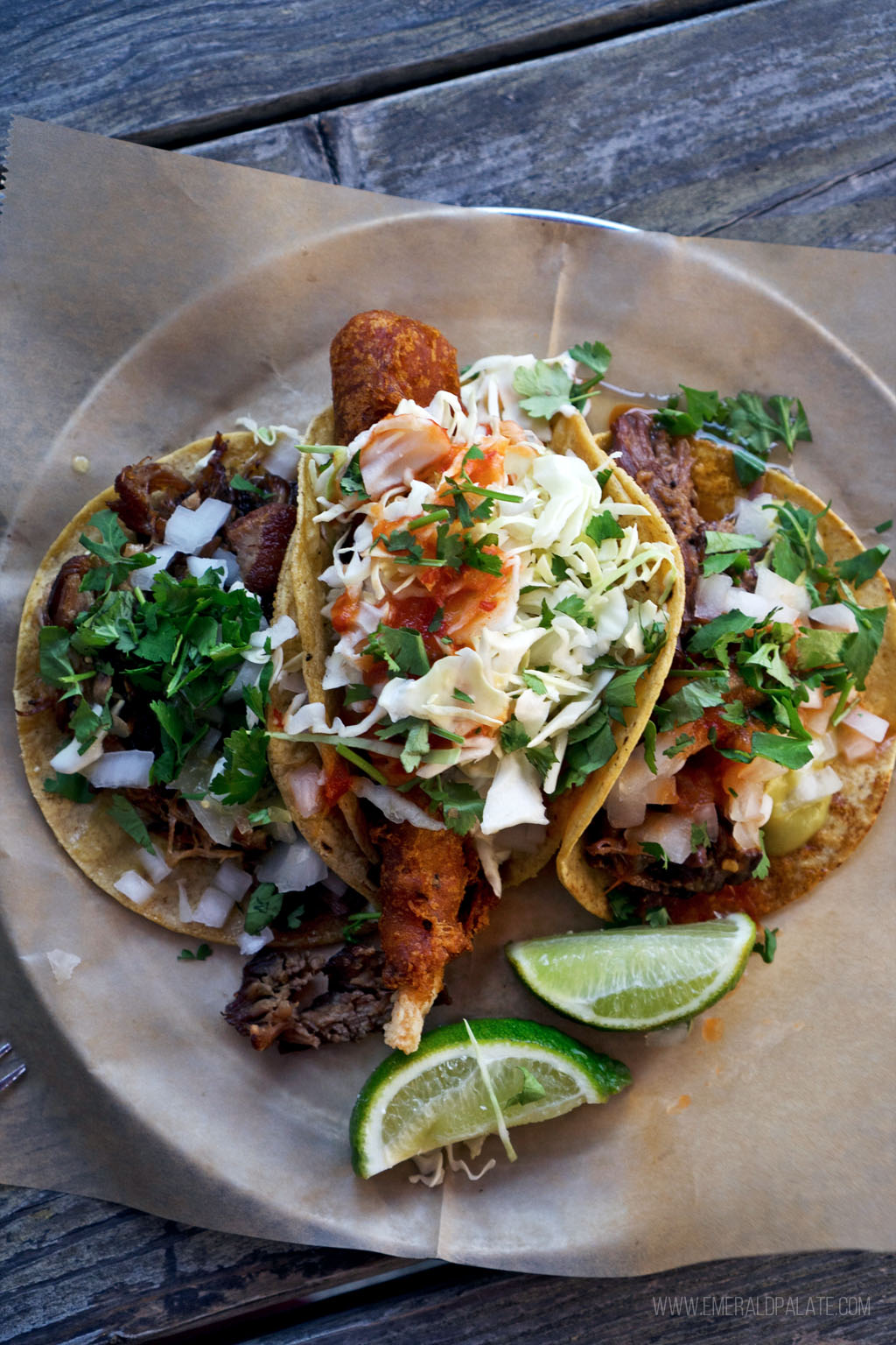 plate of three tacos covered in salsa and cilantro