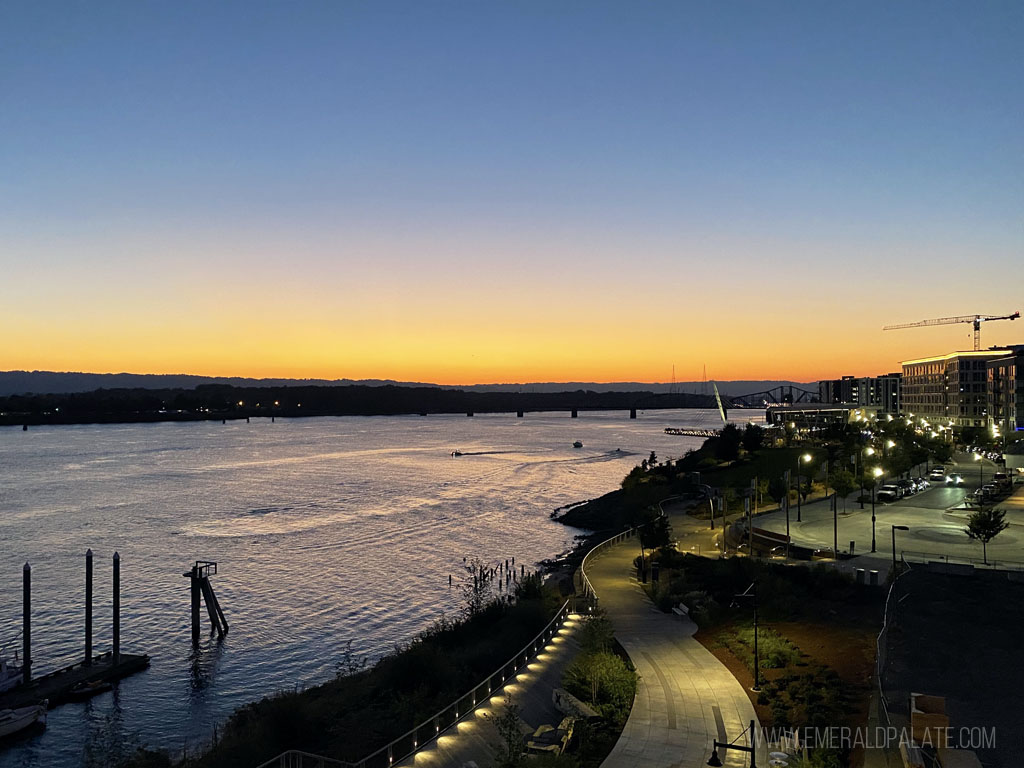 Columbia River waterfront park at sunset