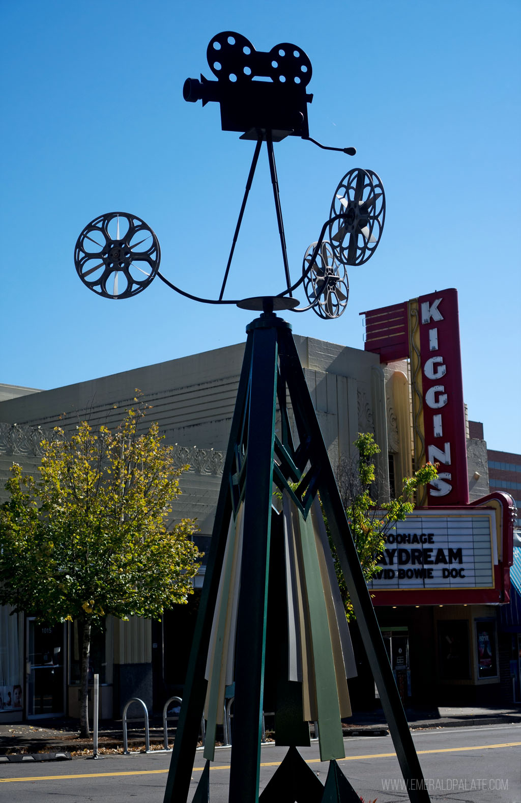 movie camera sculpture in front of a historic theater in Vancouver, WA