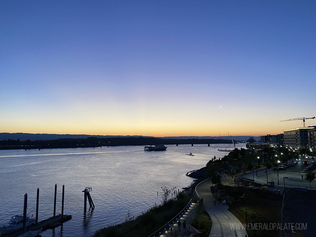 view of Columbia River from Vancouver, WA waterfront at sunset