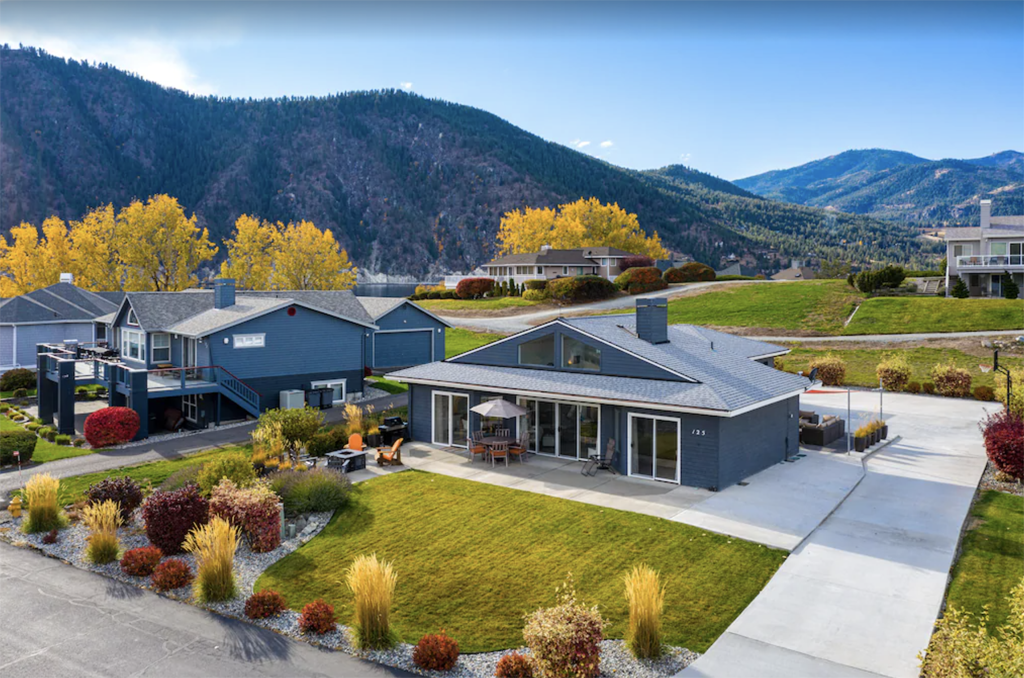 exterior aerial view of a vacation rental inside Wapato Point Resort, one of the best places to stay in Lake Chelan