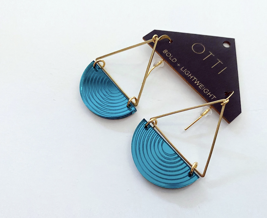 turquoise acrylic half moon earrings with brass