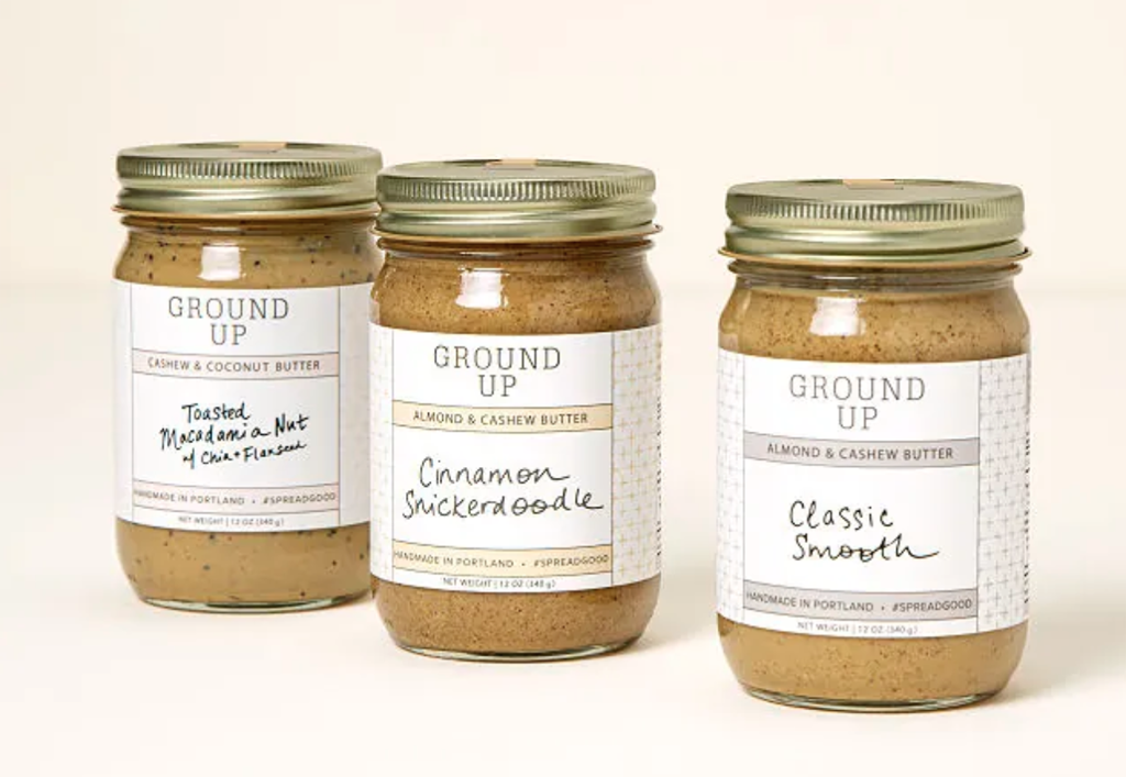 trio of nut butters in toasted macademia nut, cinnamon snickerdoodle, and classic smooth flavrs