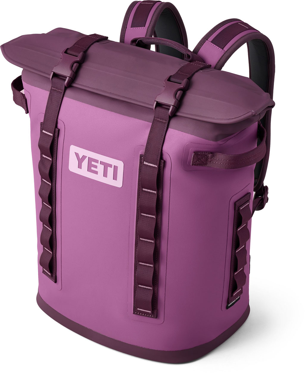 bright purple modern backpack cooler that says Yeti
