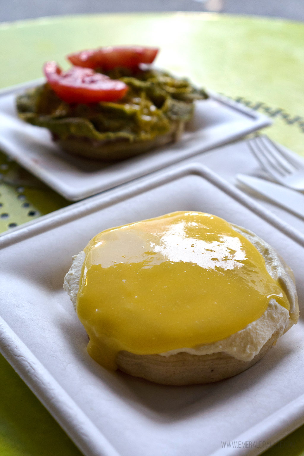 crumpet topped with lemon curd and ricotta, some of the best breakfast in Pike Place Market