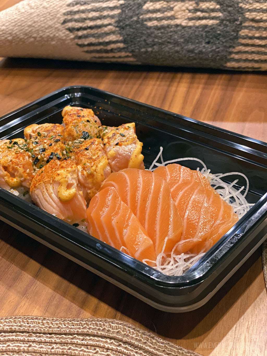 takeout salmon sashimi and sushi roll