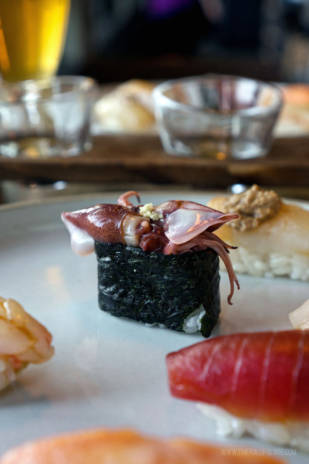 close up of baby squid sushi from a Seattle sushi omakase