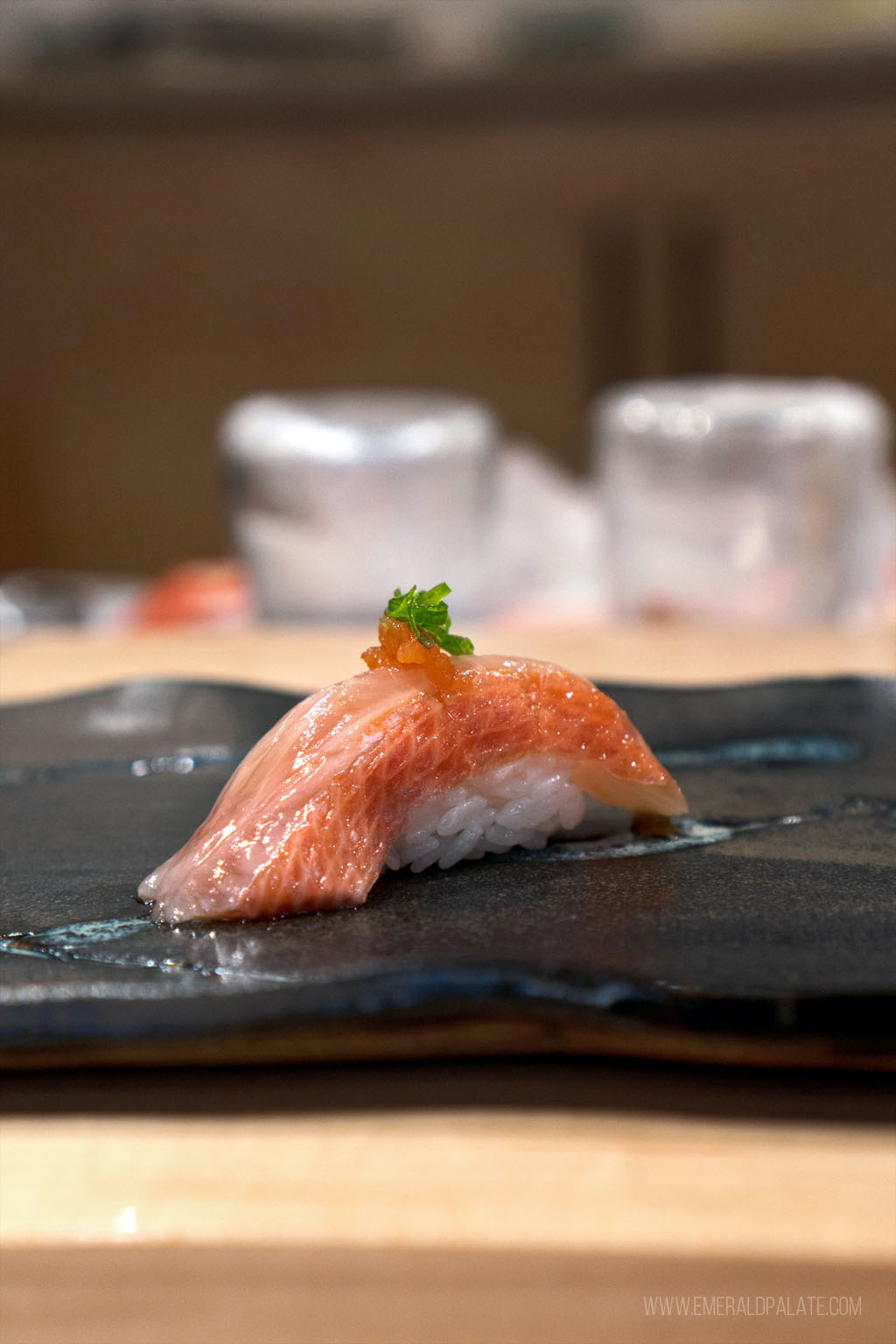 piece of nigiri from an omakase in Seattle