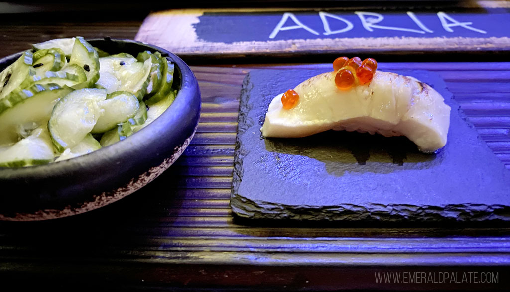 piece of nigiri topped with fish roe from one of the best sushi restaurants in Seattle