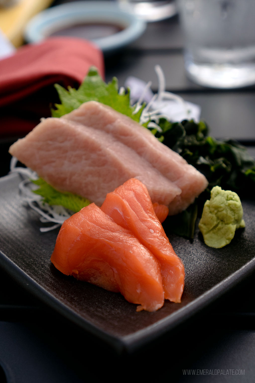 plate of hamachi and salmon sashimi