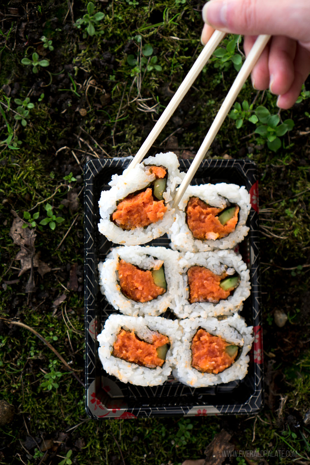 person picking up spicy tuna sushi roll from one of Seattle's best sushi restaurants