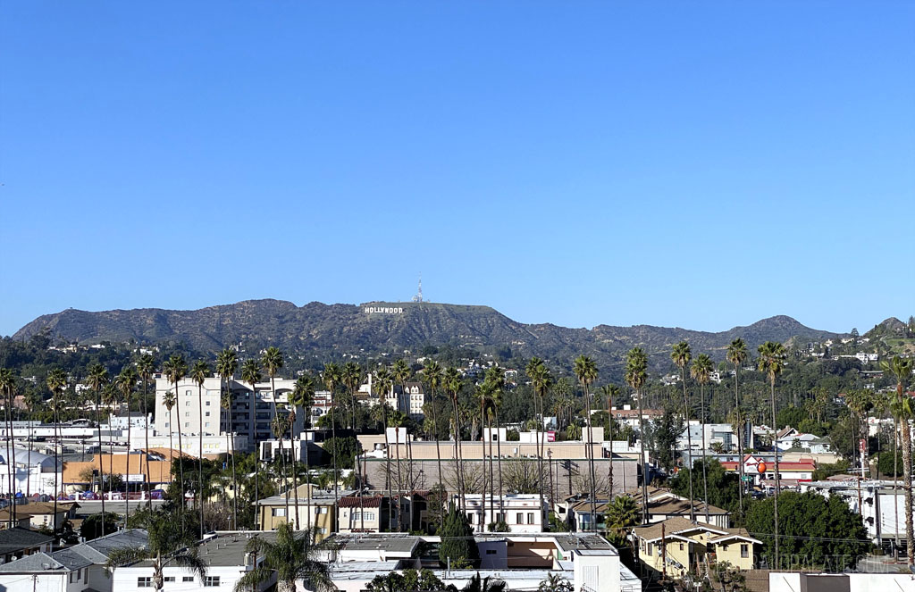 View of the Hollywood sign and LA buildings