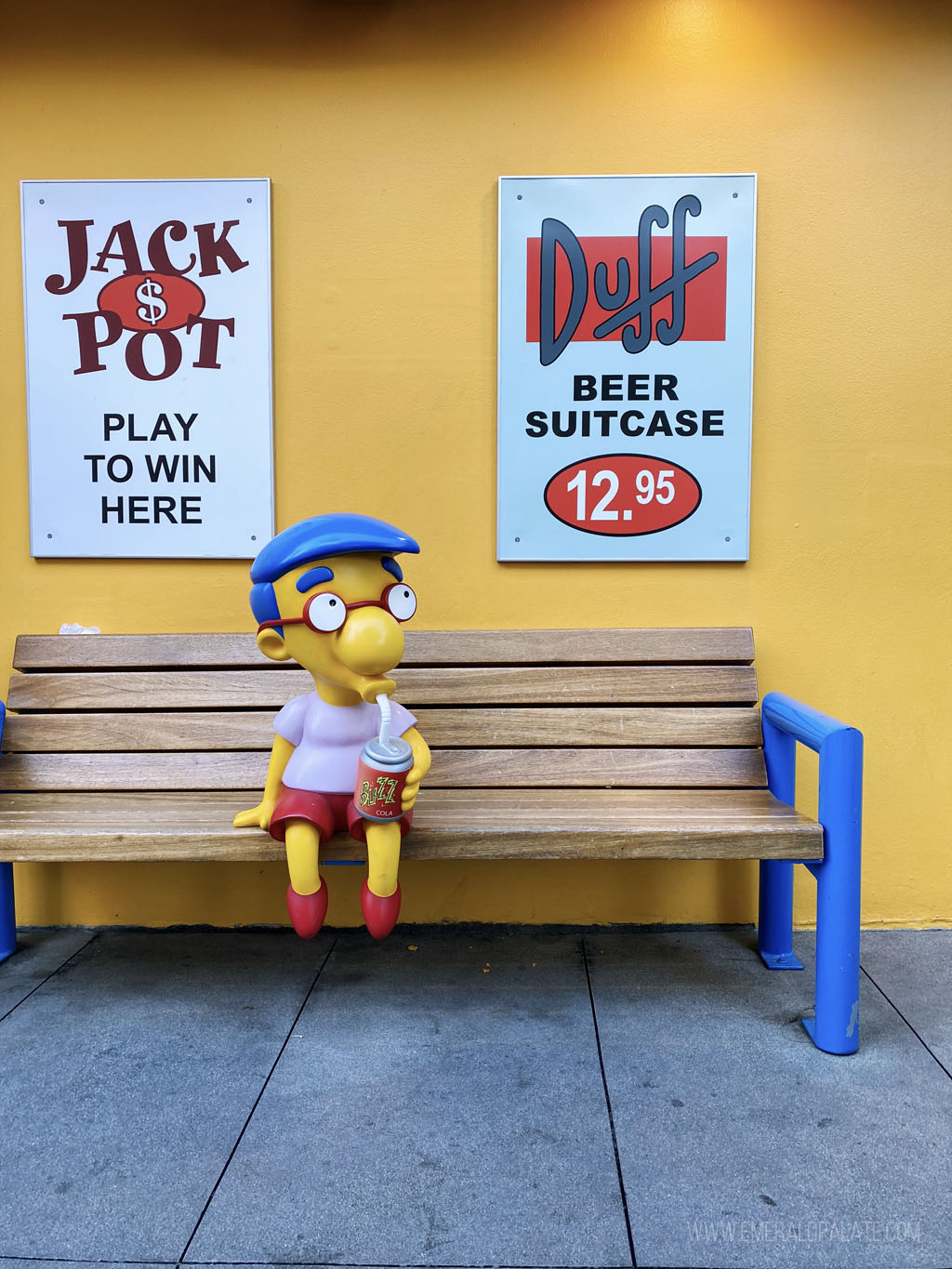 Milton of Simpsons sitting on a bench at Universal Studios, a must visit during your 4 day Los Angeles itinerary