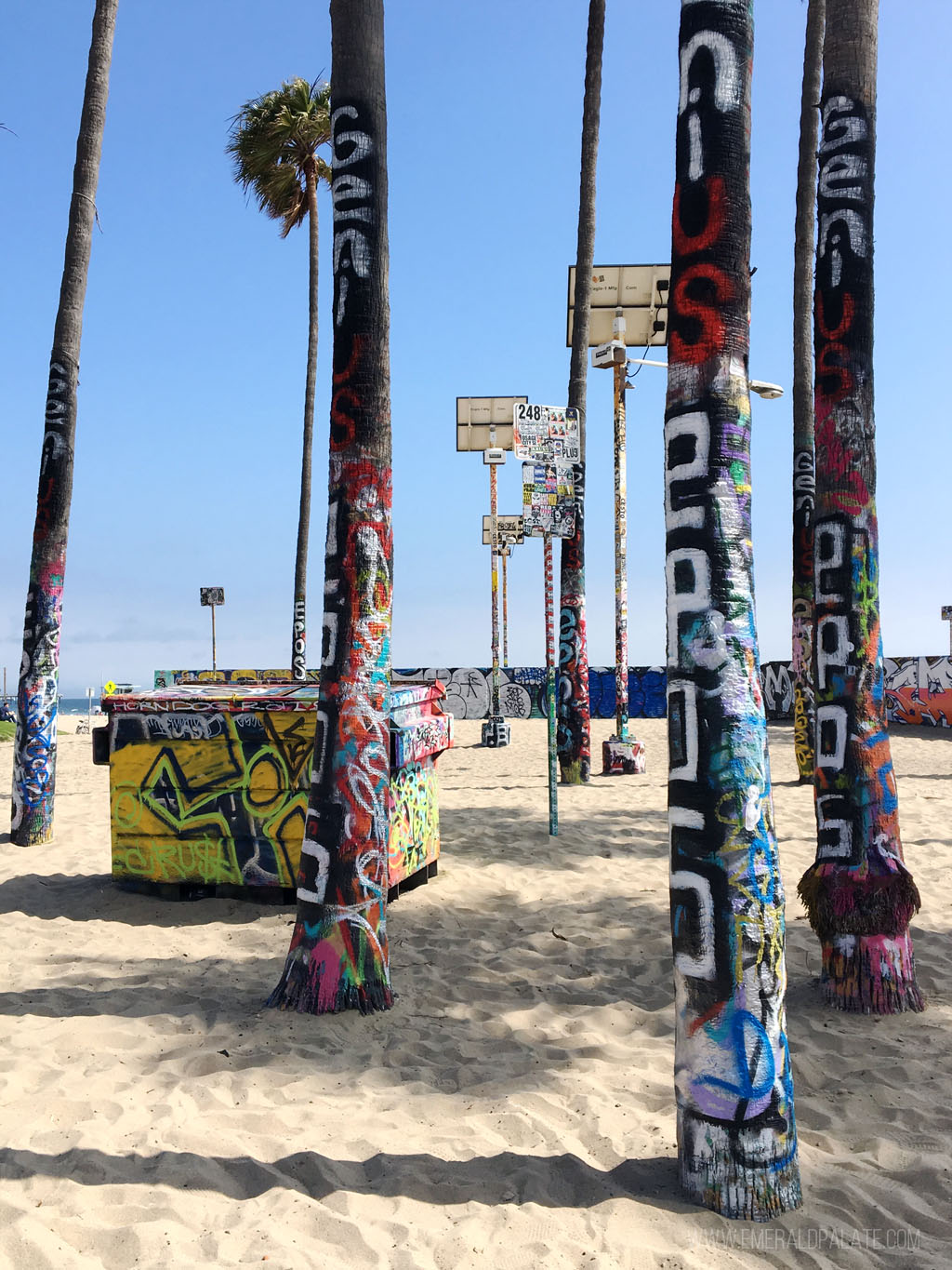 view of Venice Beach and grafitti on palm trees