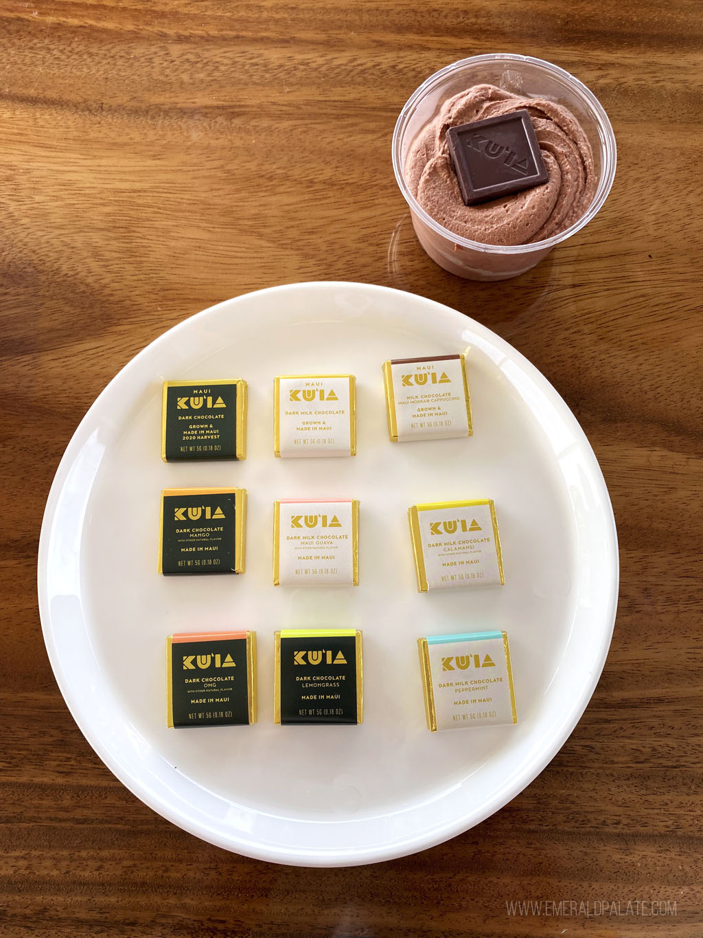 plate of chocolate samples and mousse from a Maui chocolate farm