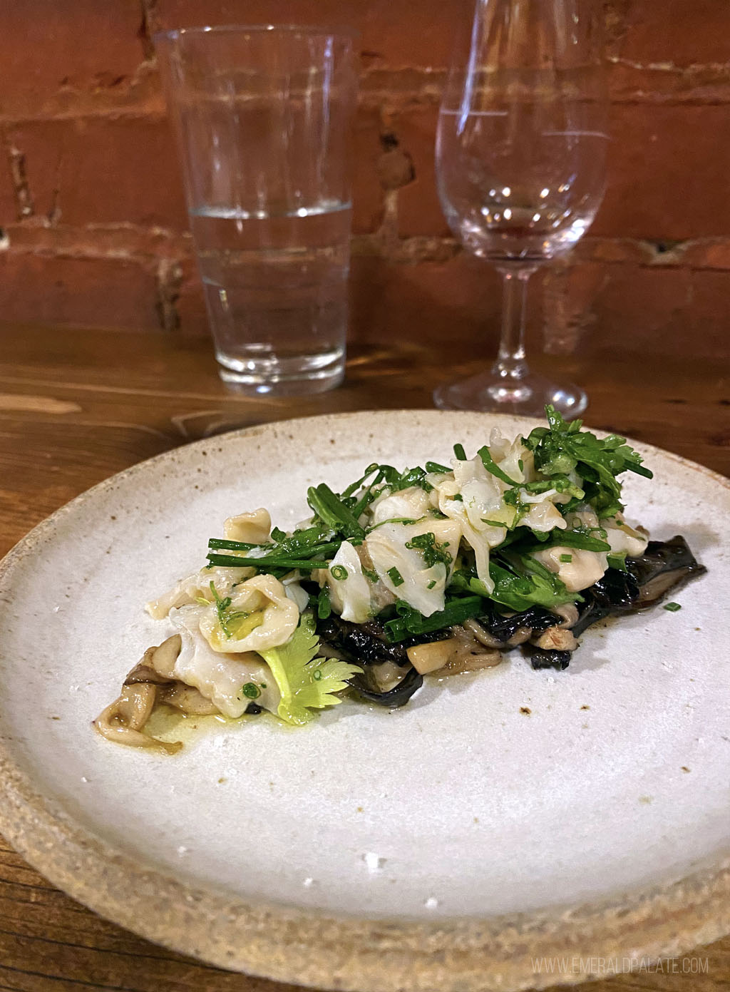 plate of geoduck with mushrooms at a fancy Seattle farm-to-table restaurant