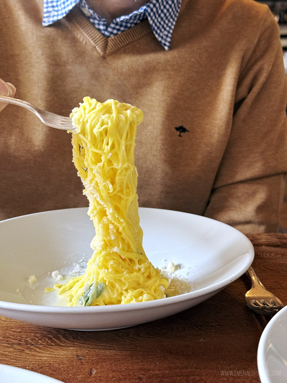 person pulling noodles up with a fork at one of the best Italian restaurants in Seattle