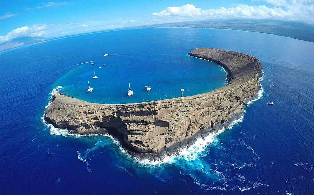 aerial shot of Molokini Crater