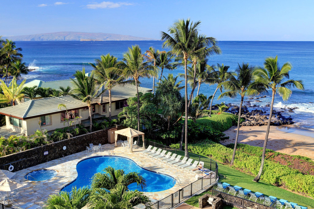 Polo Beach Club pool area overlooking Polo Beach in Maui