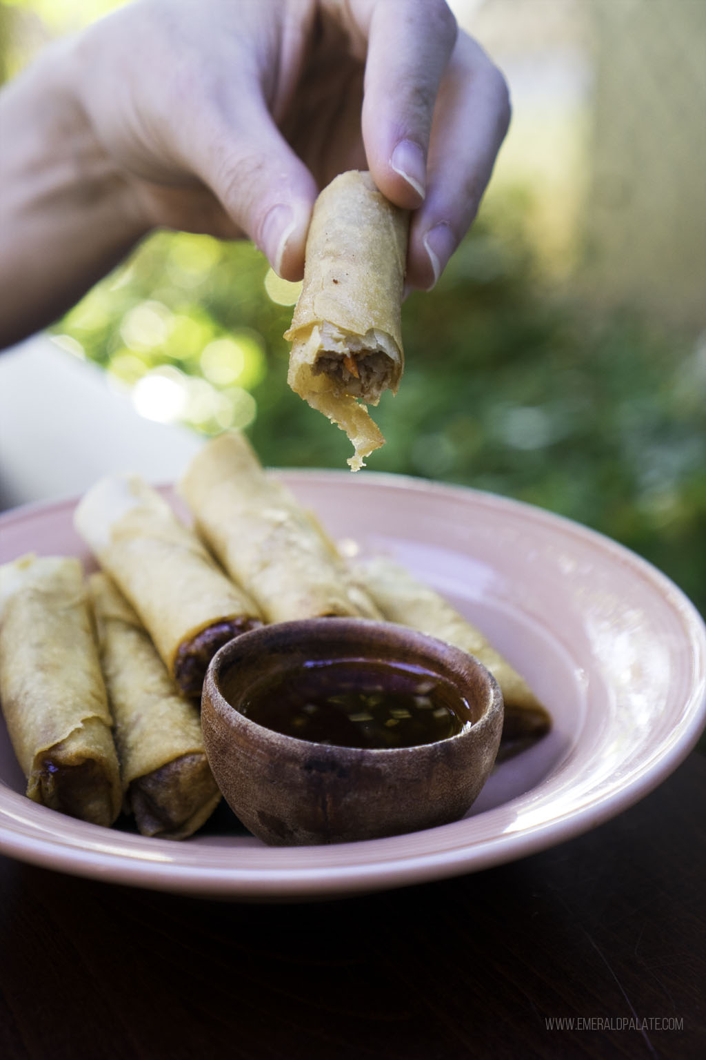 person dipping lumpia from one of the five-star restaurants in Seattle