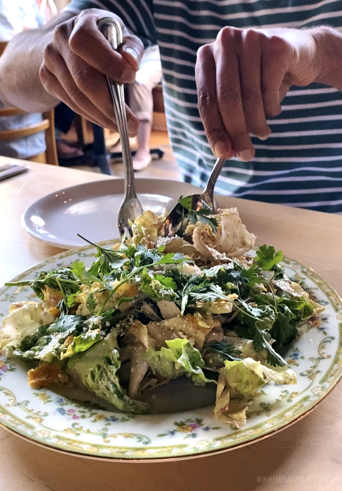 person tossing a Caesar salad from a Seattle restaurant