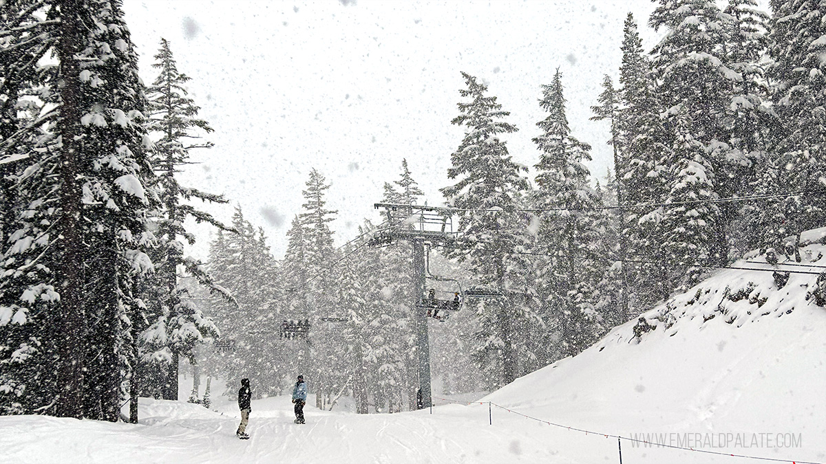 people snowboarding in the snow at Mt Bachelor, one of the best Bend Oregon ski spots