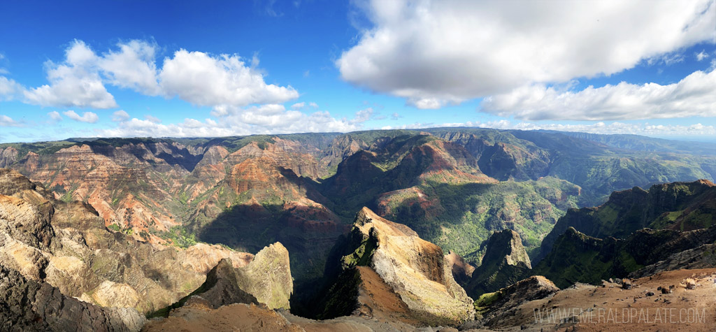 panoramic shot of Waimea Canyon, a must do on your Kauai itinerary