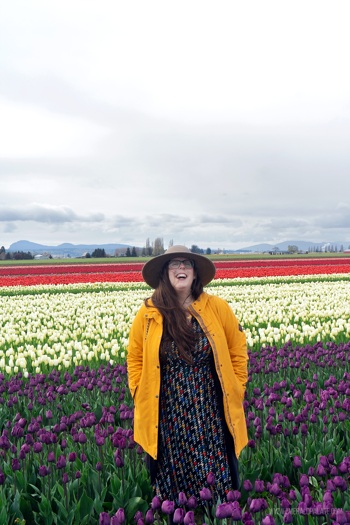 woman laughing in a raincoat while standing in rows of colorful tulip fields on a farm in Skagit Valley, WA
