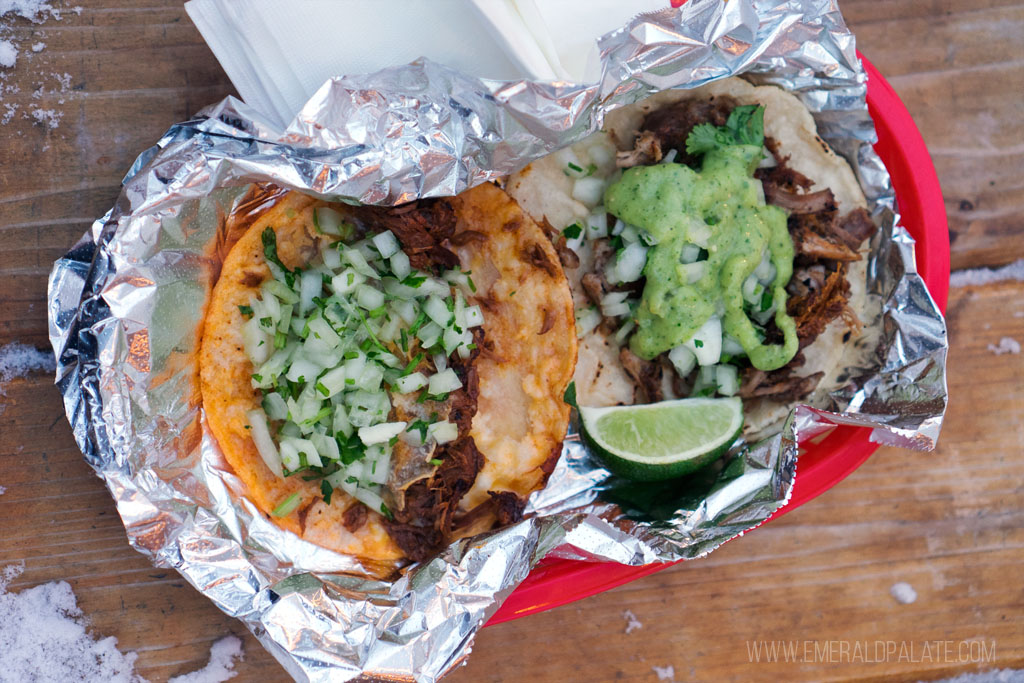 basket of tacos in tin foil, one of the best things in Bend Oregon in winter