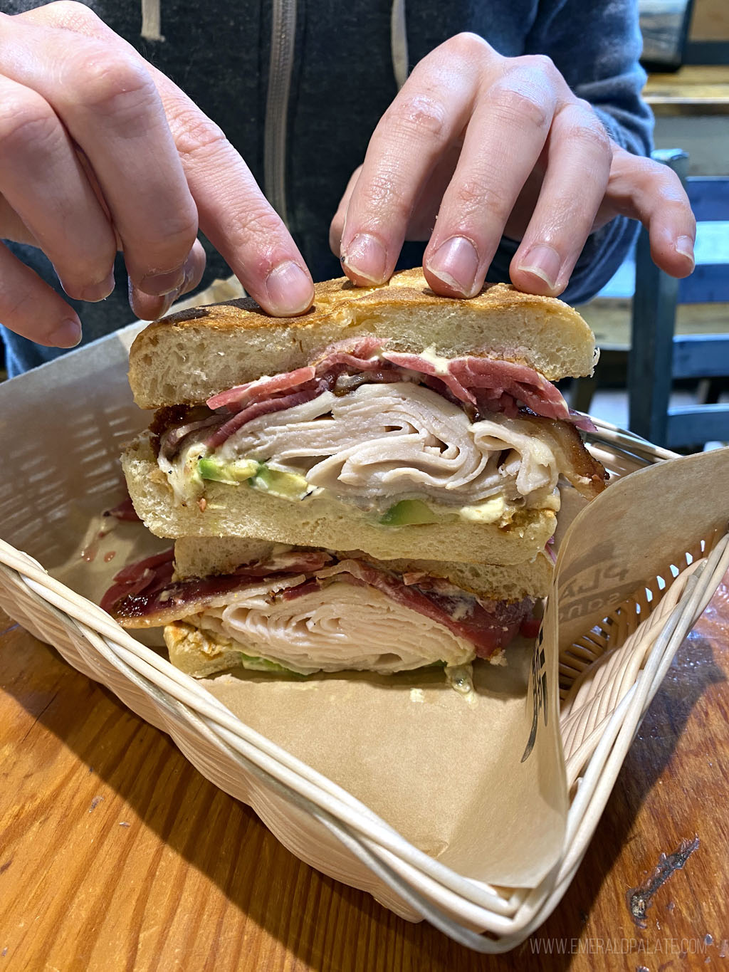 person holding stacked halves of a turkey sandwich