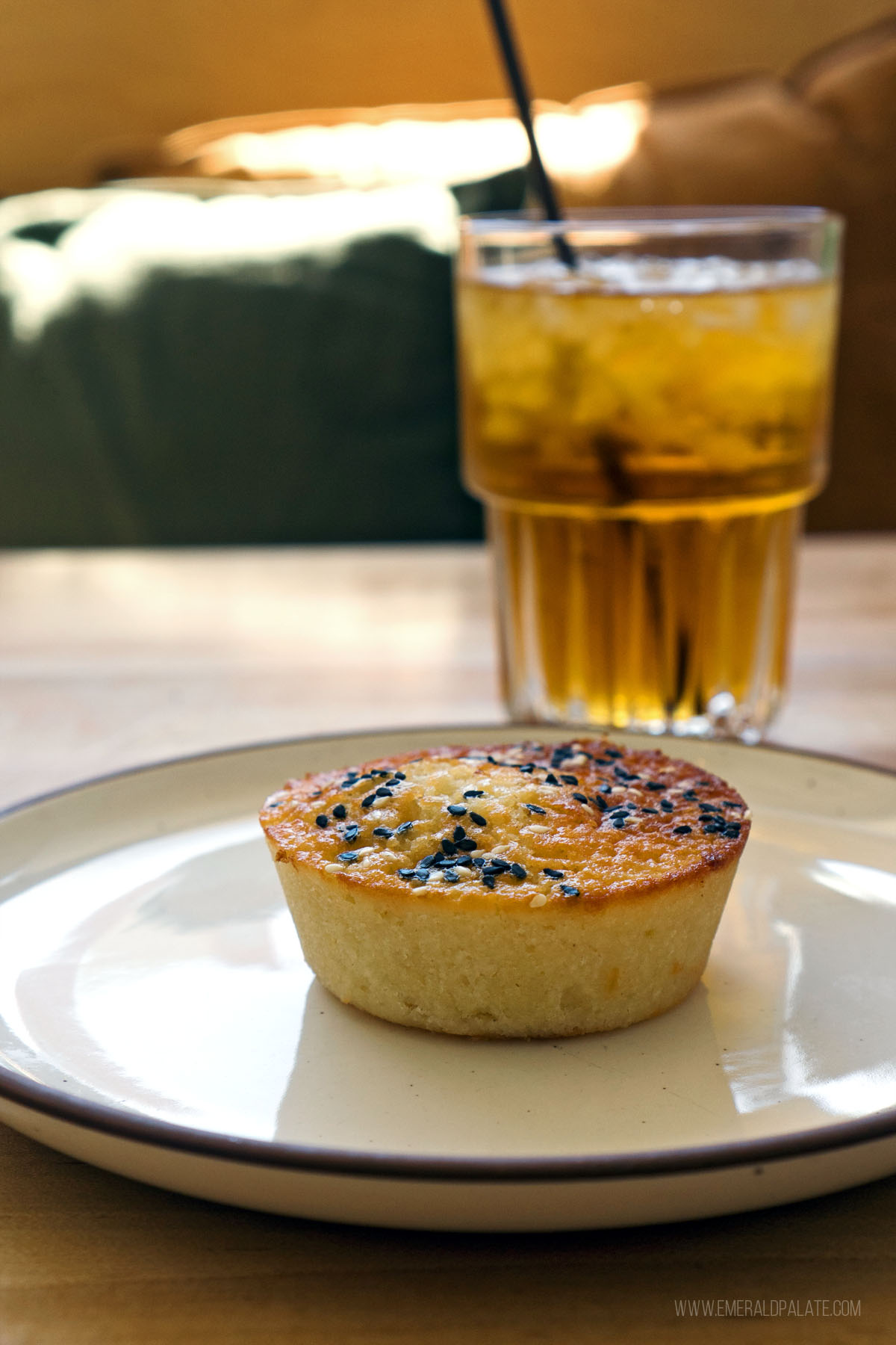 little corn cake with sesame seeds from a breakfast spot in Seattle