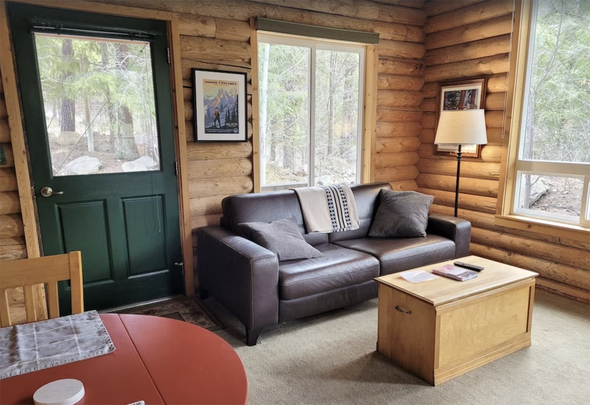 inside a log cabin in Winthrop