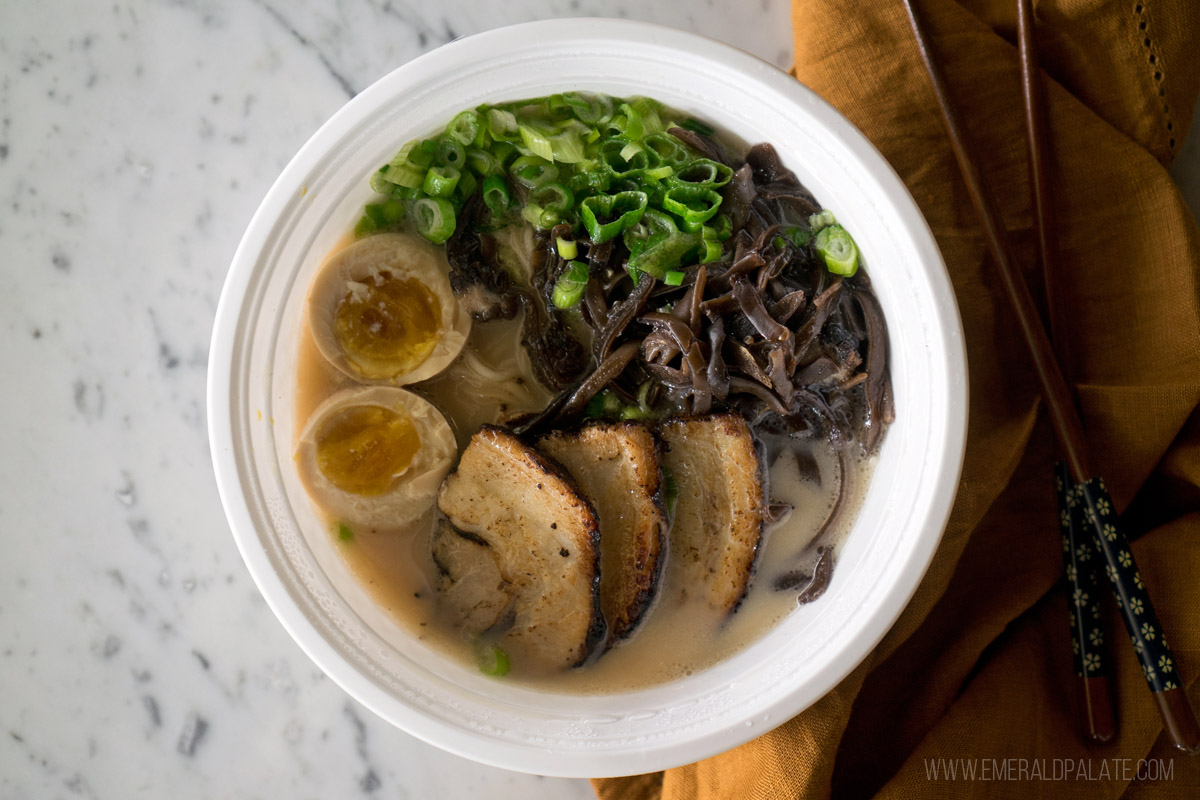 bowl of soup with egg and chashu from one of the best ramen in Seattle