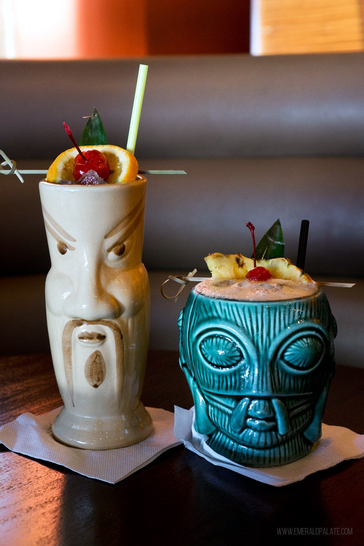 two tiki cocktail glasses from a cool Scottsdale, Arizona restaurant