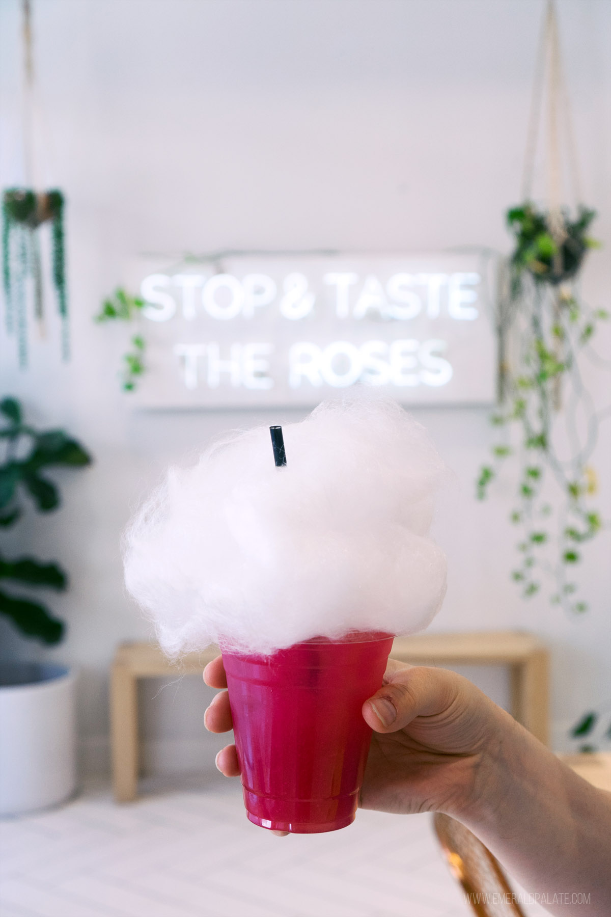 person holding a bright pink tea with cotton candy on top and a sight that says stop and taste the roses